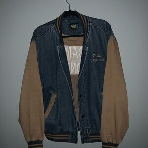 Denim&Co Men's Blue and Tan Bomber Jacket